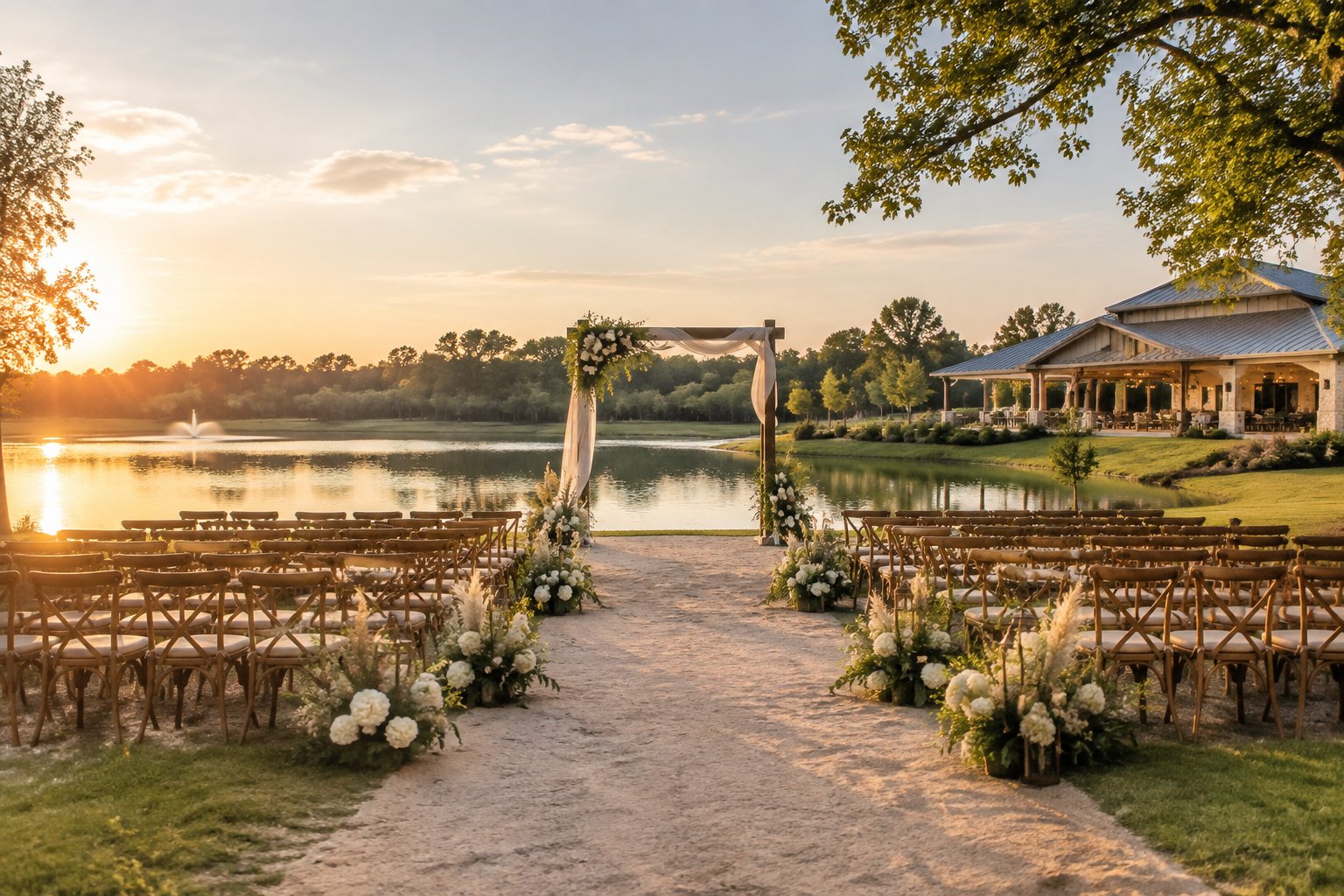 An elegant outdoor wedding ceremony beside a peaceful landscaped pond with floral arrangements and rows of chairs.