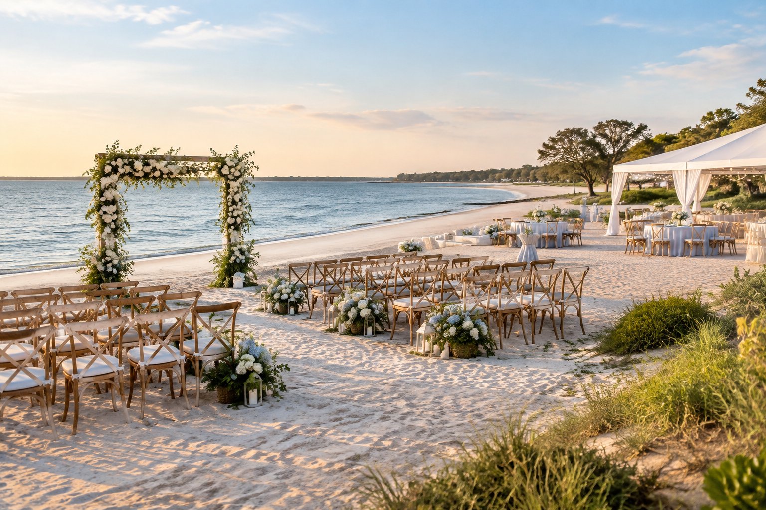 An elegant beach wedding ceremony setup with white flowers, rows of chairs, and reception tables beside calm water.