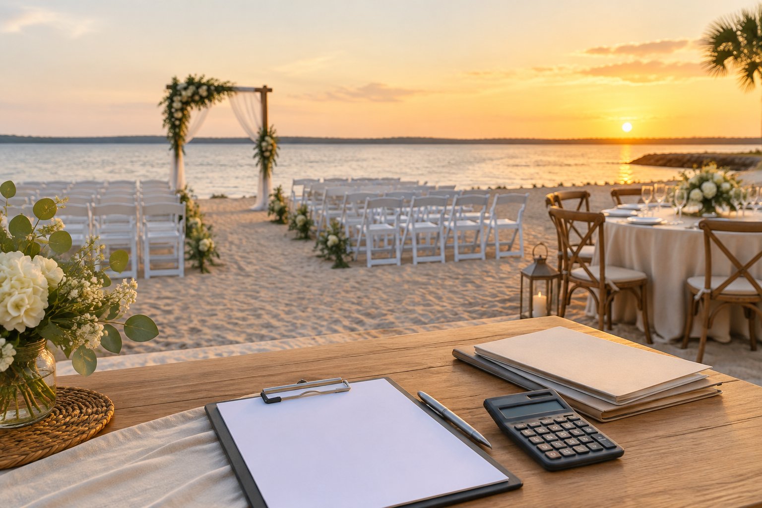A beach wedding setup with white chairs, a floral arch, and wedding planning items on a nearby table.
