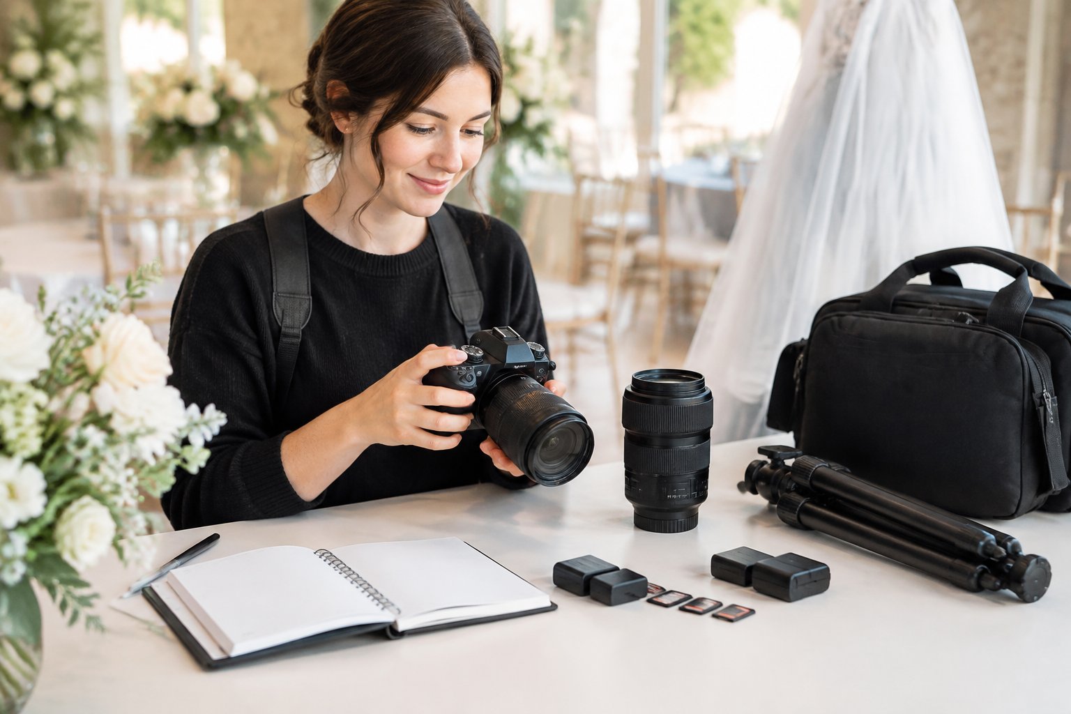 Wedding photography equipment arranged on a table beside softly blurred wedding decorations.