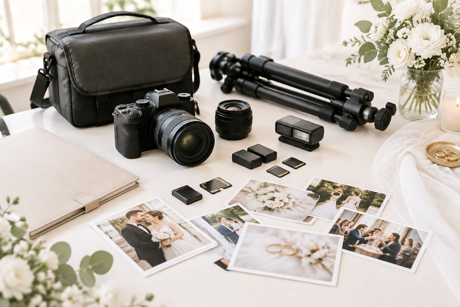 Wedding photography equipment and sample wedding photos arranged on an elegant table.