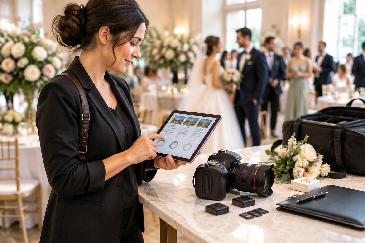 A beginner wedding photographer reviews a tablet beside camera equipment in a decorated wedding reception venue.