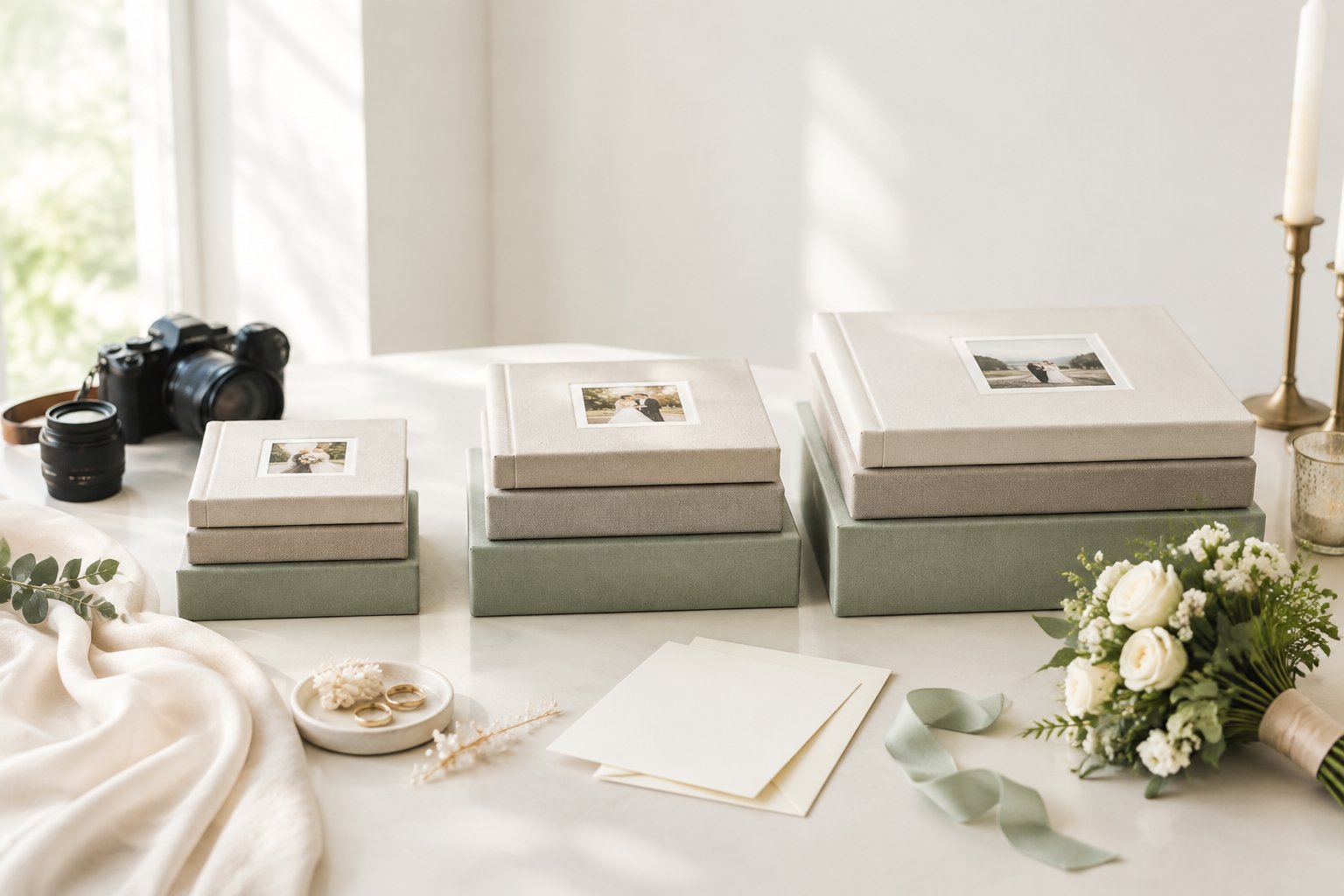 Three wedding photography package displays arranged beside a camera, albums, and wedding accessories.