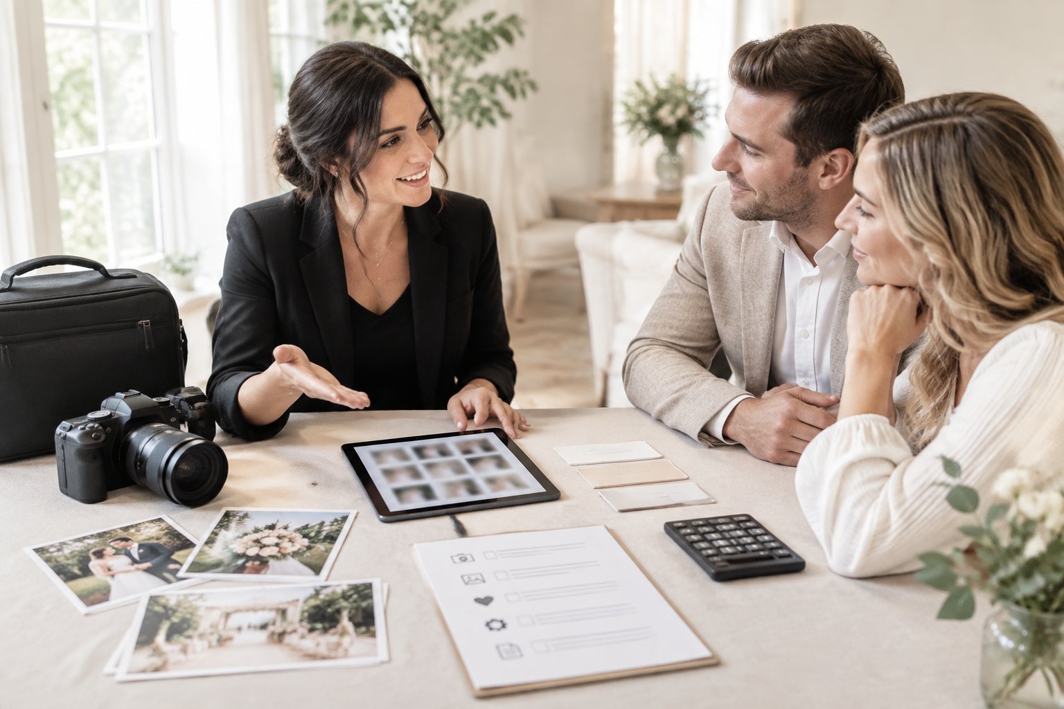 A wedding photographer discusses photography package options with an engaged couple at a consultation table.
