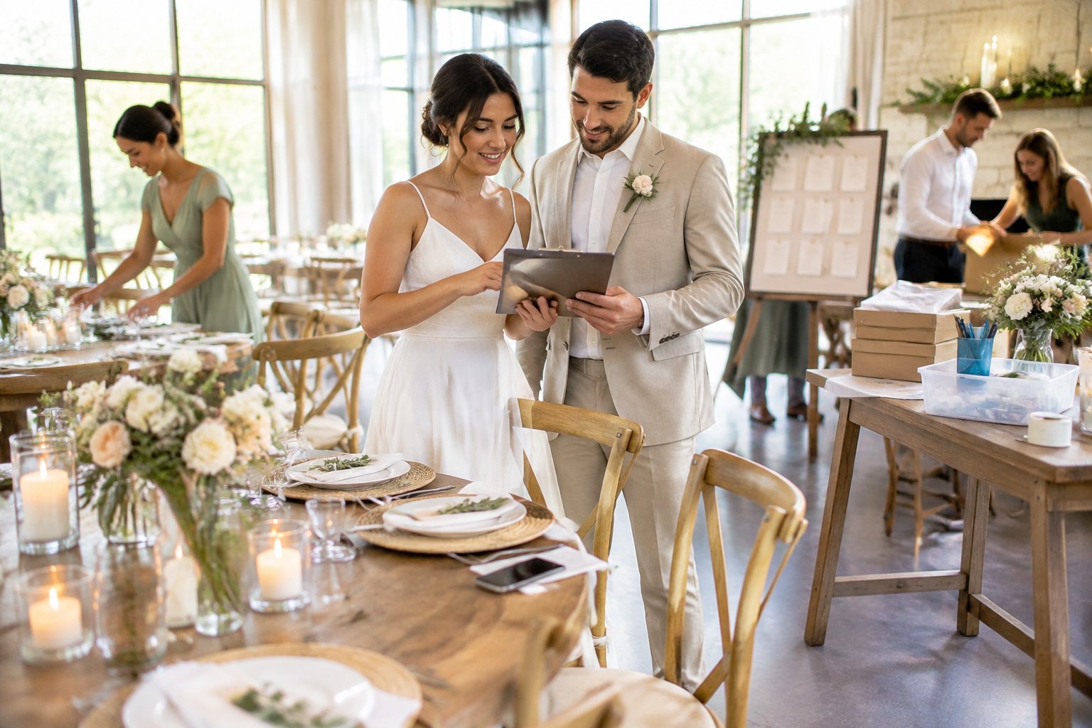 A couple in wedding attire calmly organizes reception details with help from friends in an elegant venue.