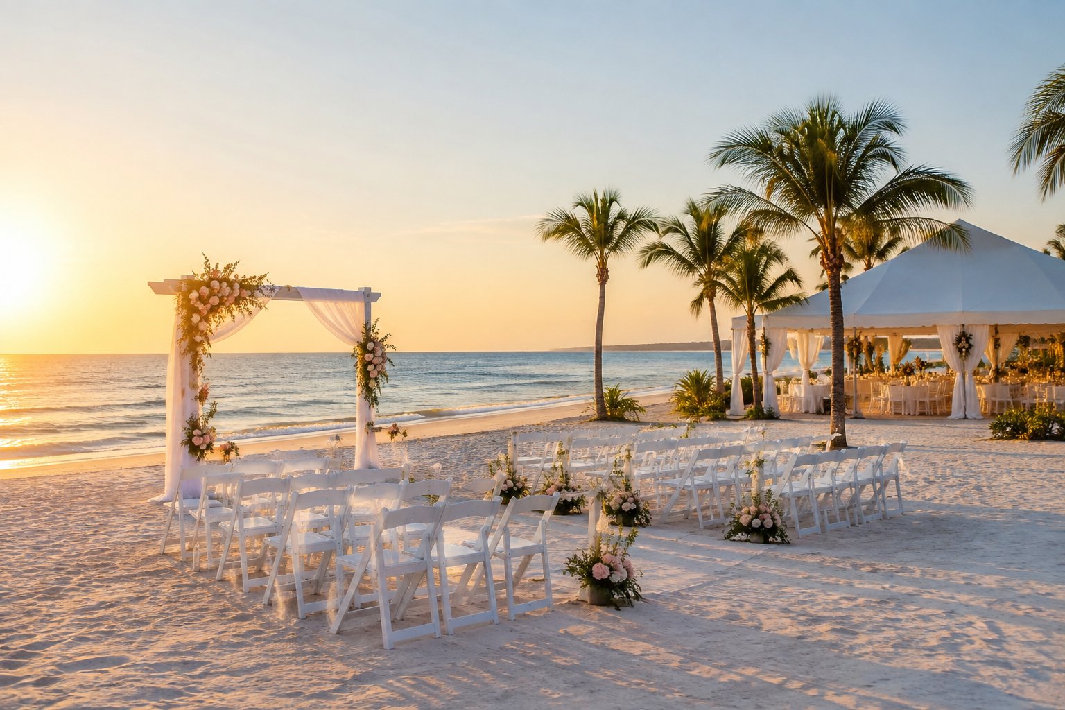 A decorated beach wedding ceremony setup with white chairs, a floral arch, and an ocean view.