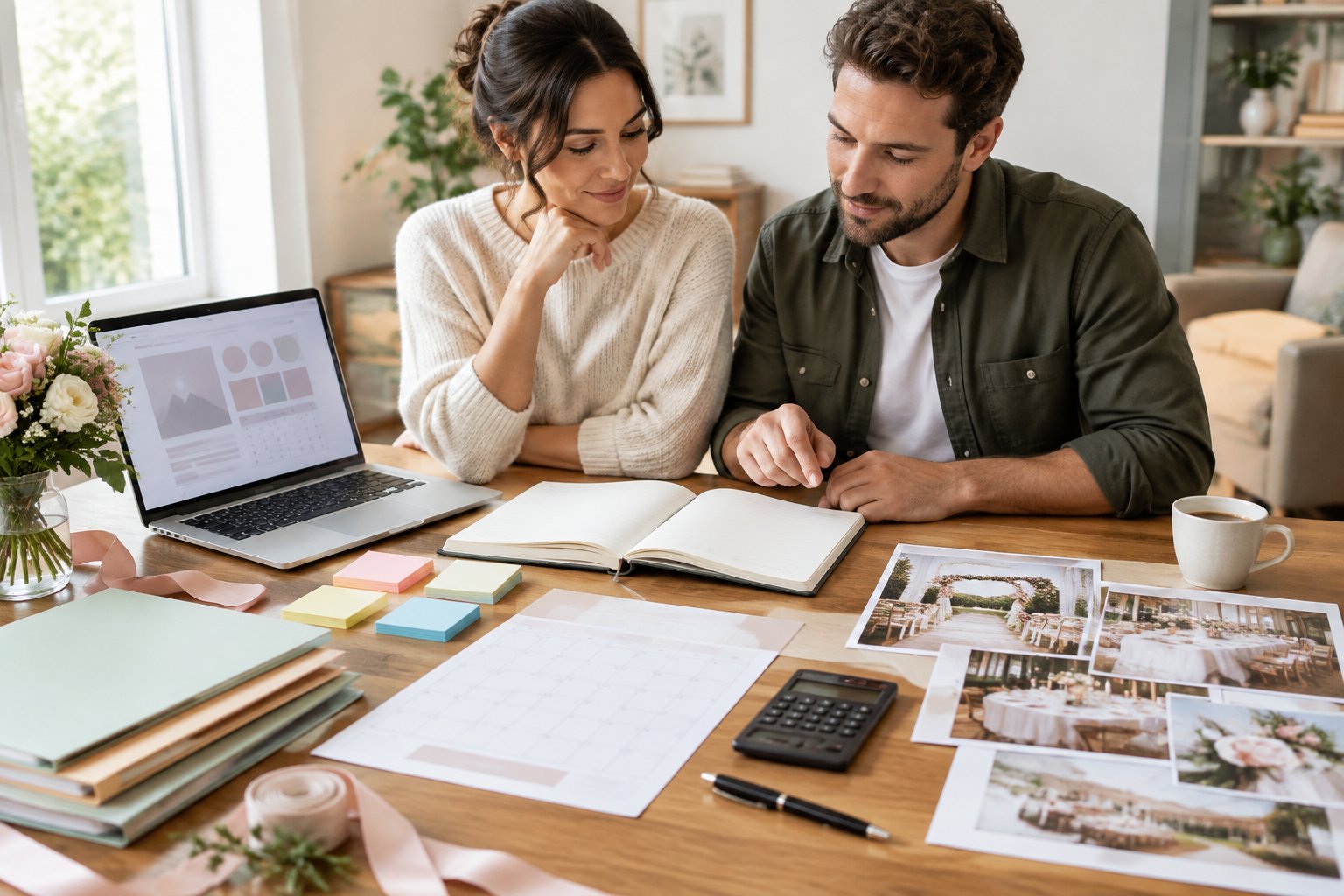 A couple organizes wedding planning materials together at a table.