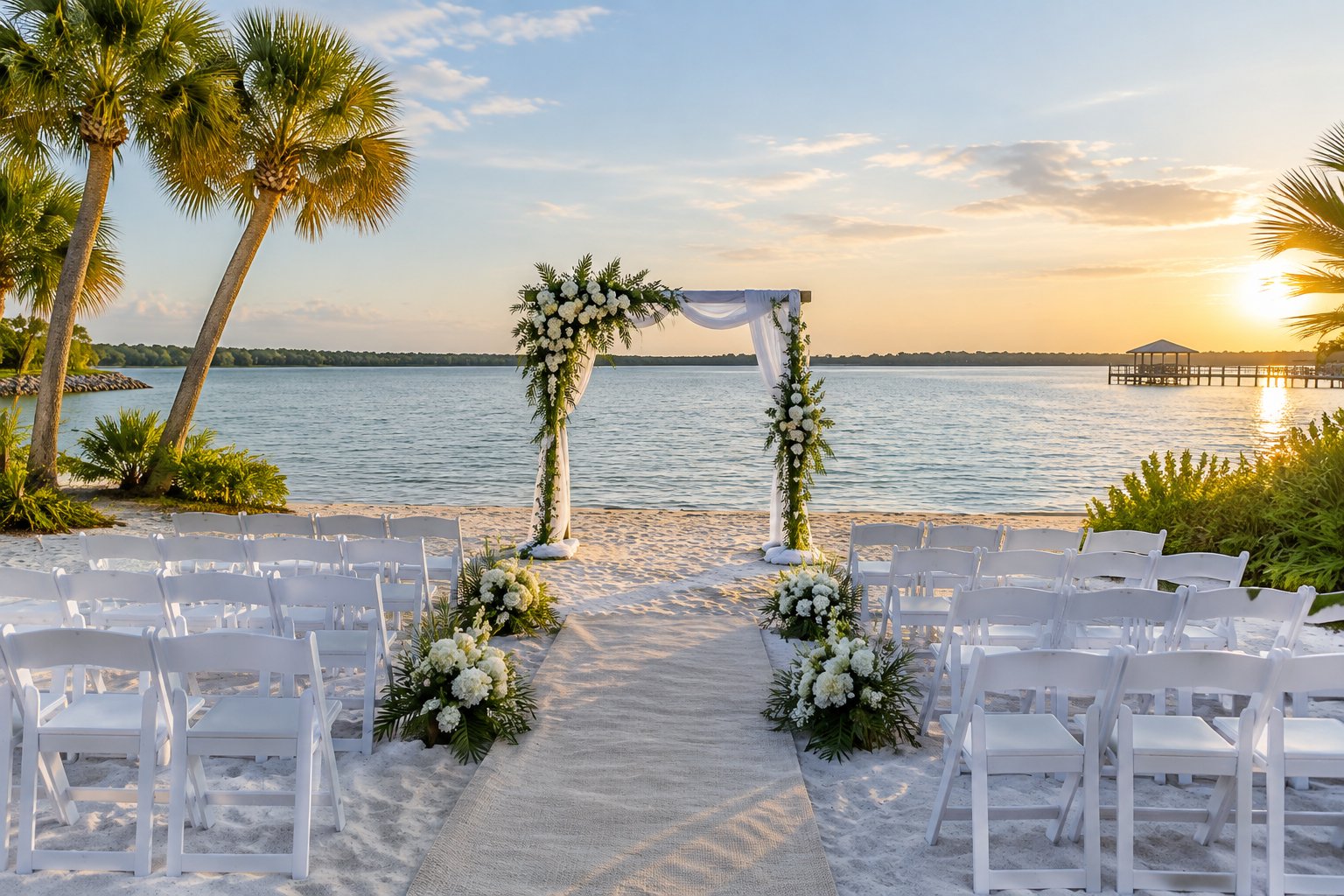Elegant beach wedding ceremony setup beside calm blue-green water with white chairs, flowers, and palm trees.
