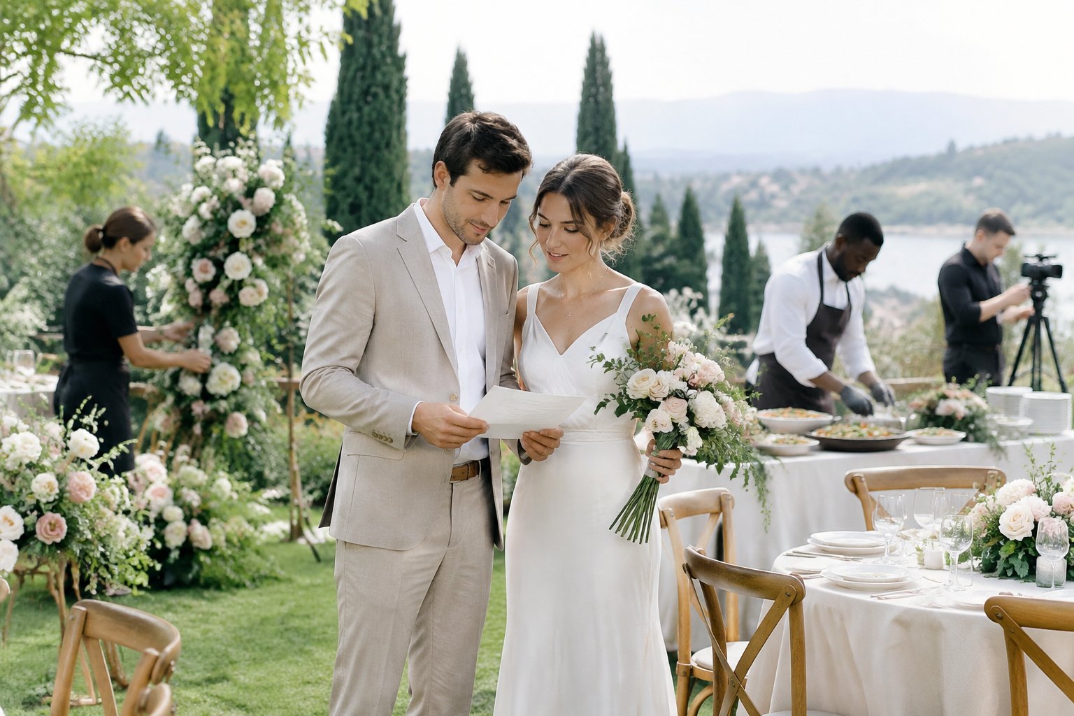 A couple calmly reviews wedding details while independent vendors prepare flowers, food, and photography at an outdoor venue.