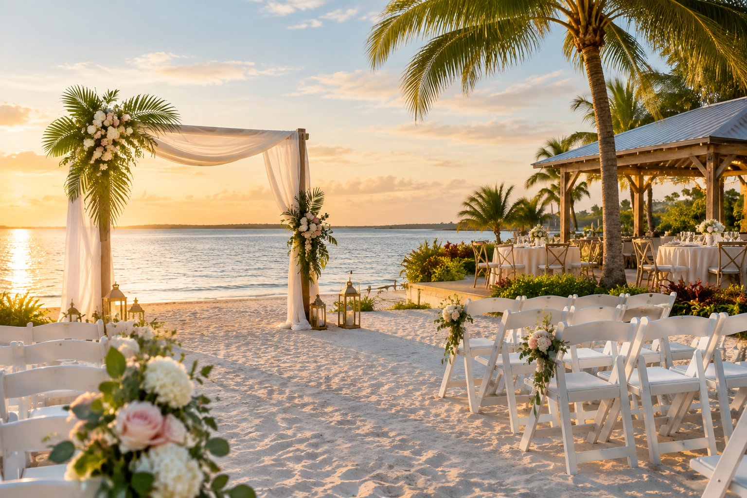 An elegant beach wedding ceremony setup beside calm blue water with white chairs, a floral arch, and tropical greenery.
