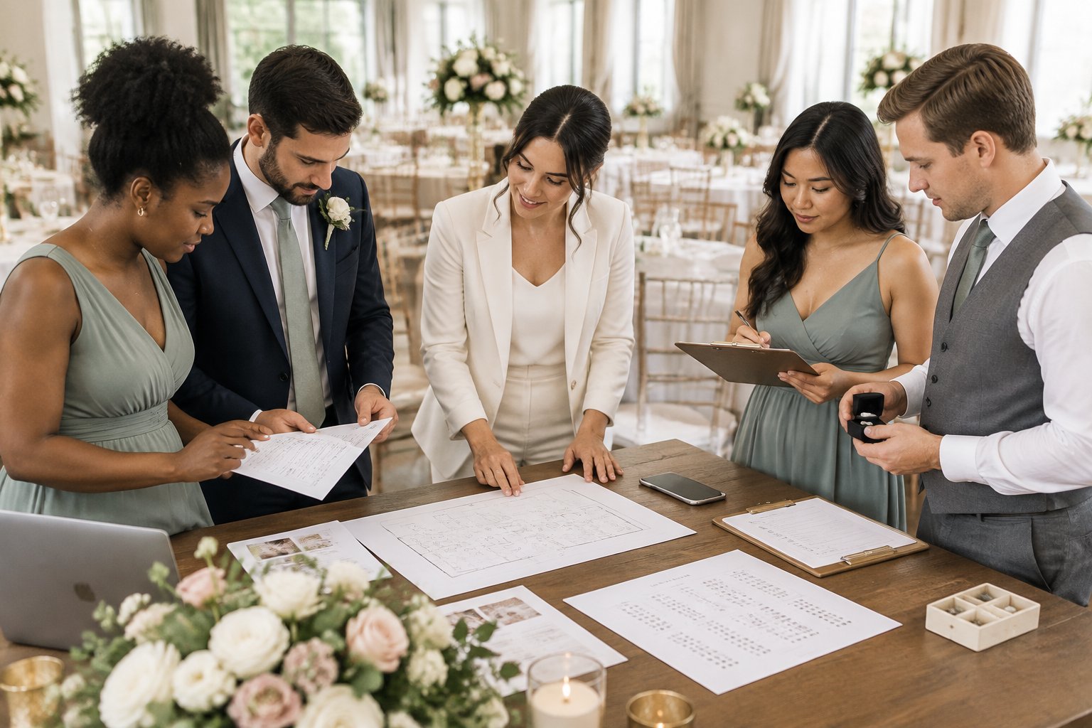 Wedding helpers gather around a reception table to organize responsibilities and prepare for the event.