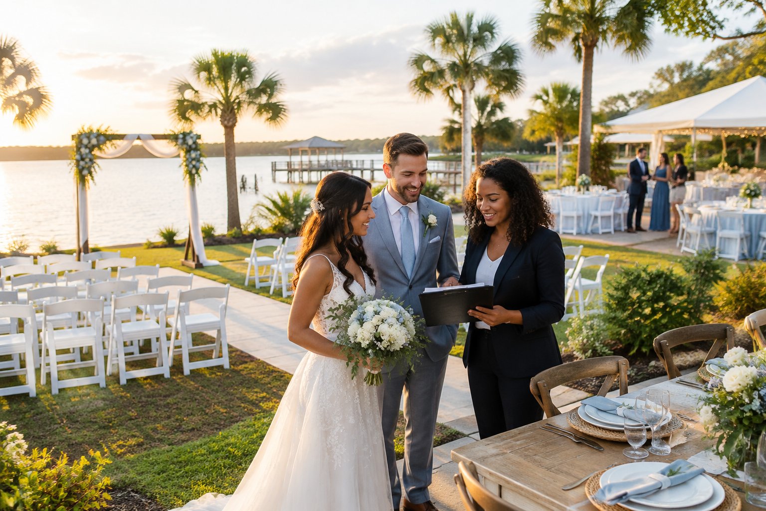An elegant outdoor wedding setup beside a calm lake with chairs, floral decorations, and guests in formal attire.