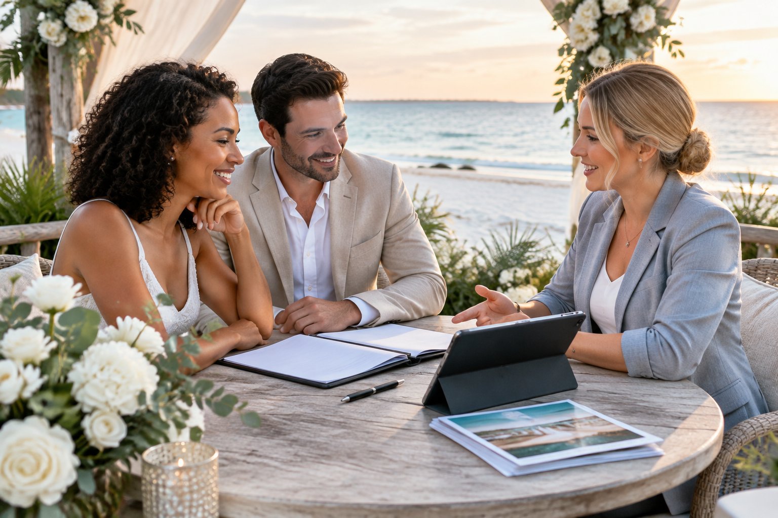 A couple discusses beach wedding venue plans with a coordinator at a coastal outdoor table.