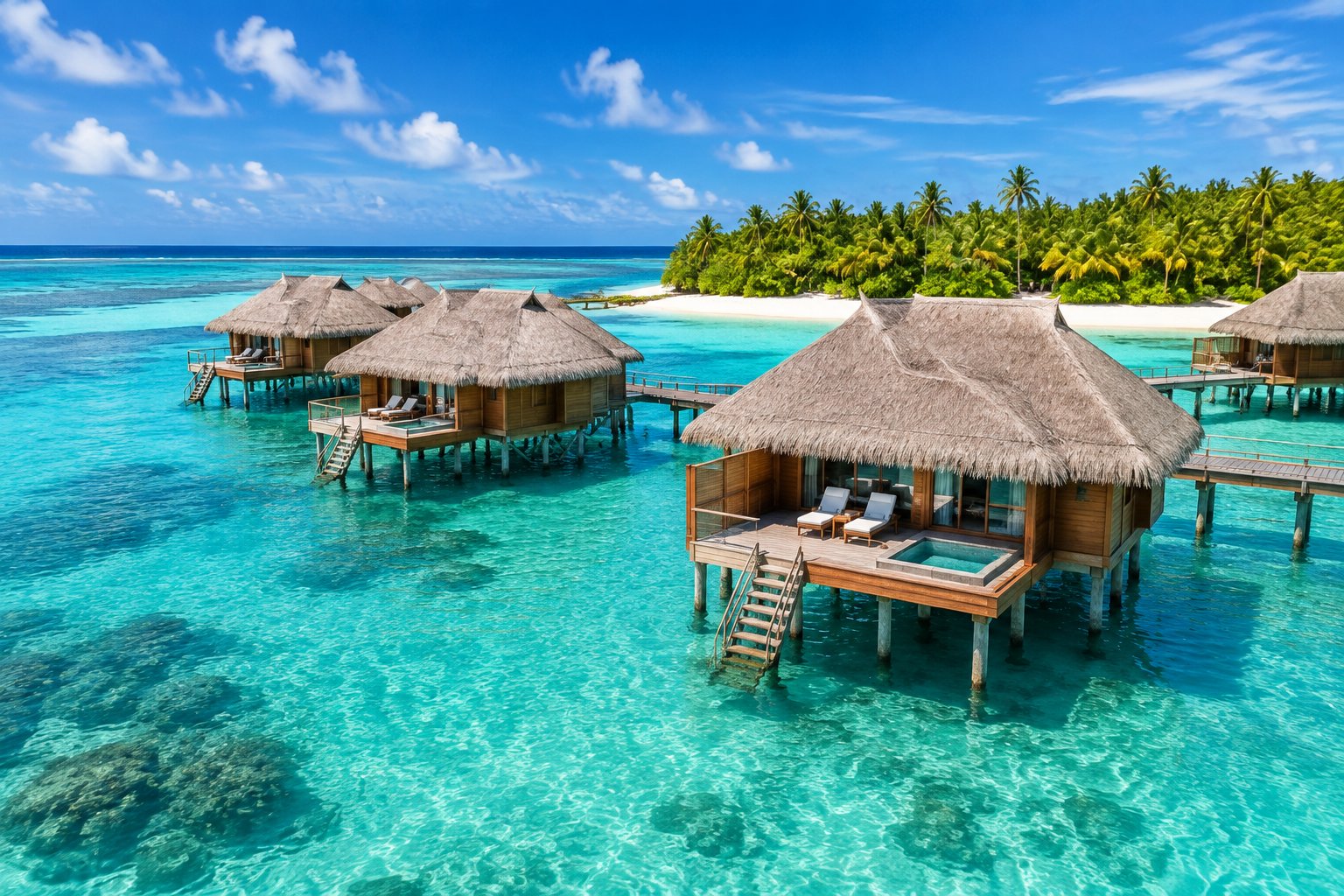 Overwater bungalows on stilts above clear turquoise water near a palm-covered island in Belize.