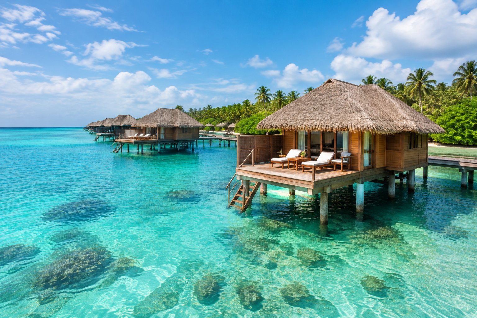 Overwater bungalows on stilts above clear turquoise water in a tropical Belize lagoon.