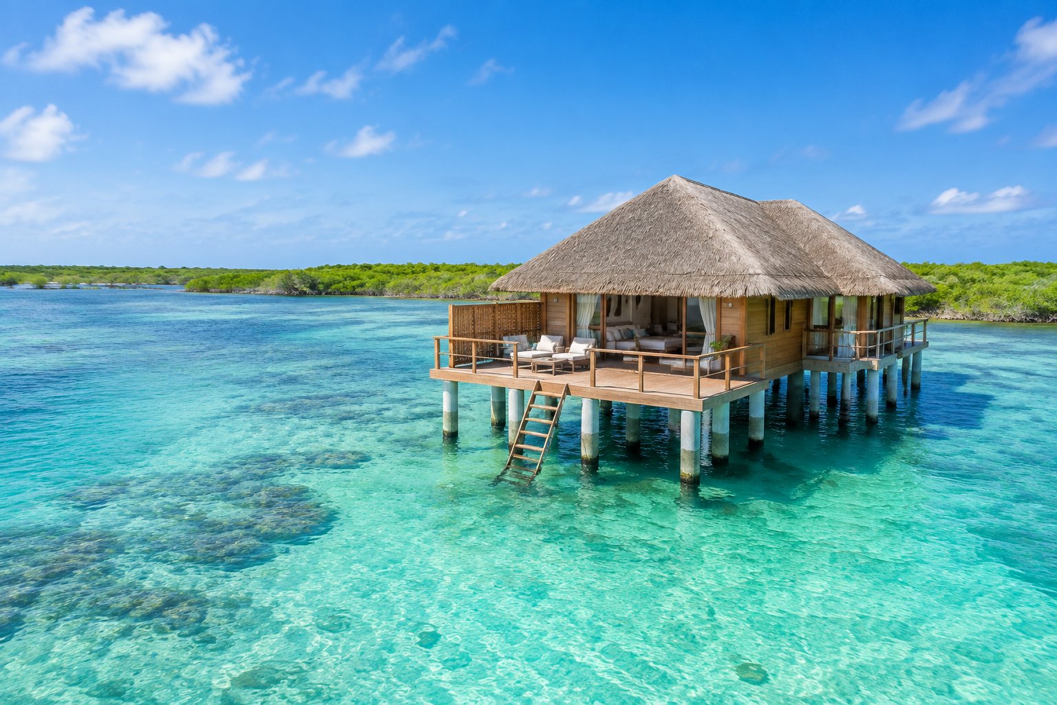 A tropical overwater bungalow stands above clear turquoise water beside a lush Belizean coastline.
