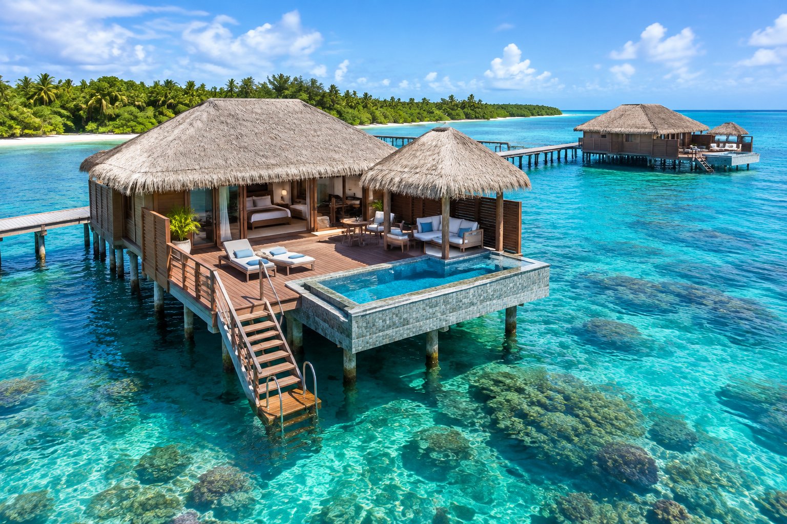 A luxurious overwater bungalow on stilts above clear turquoise water in Belize.