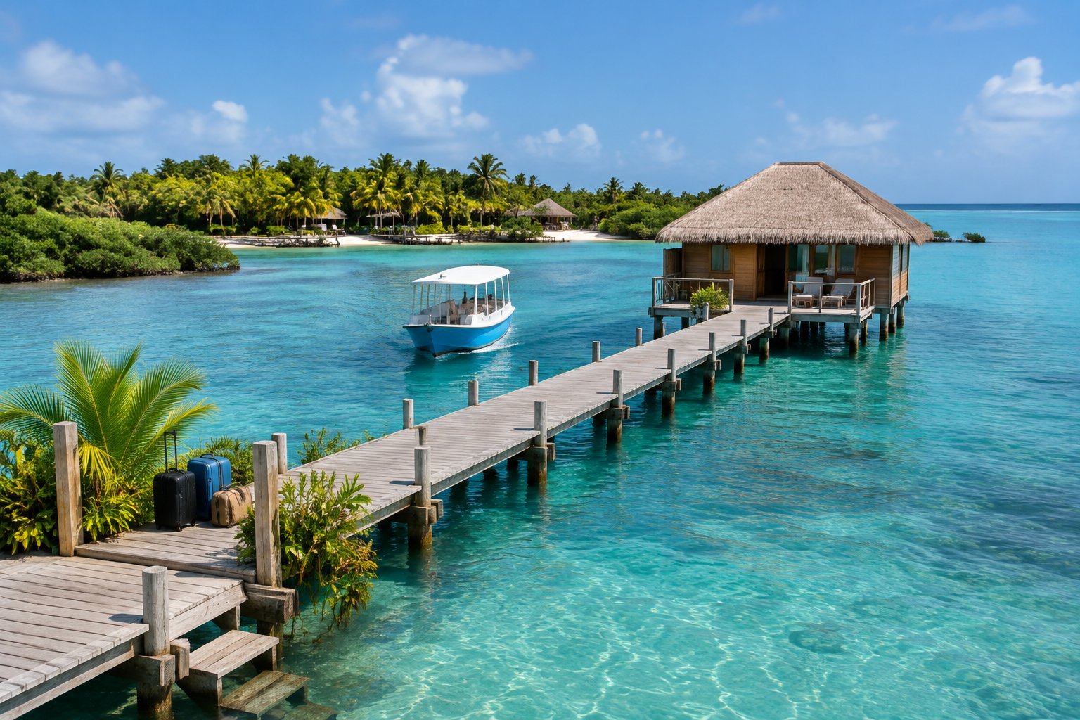 An overwater bungalow connected by a pier to a tropical Belizean island, with a small transfer boat and luggage nearby.