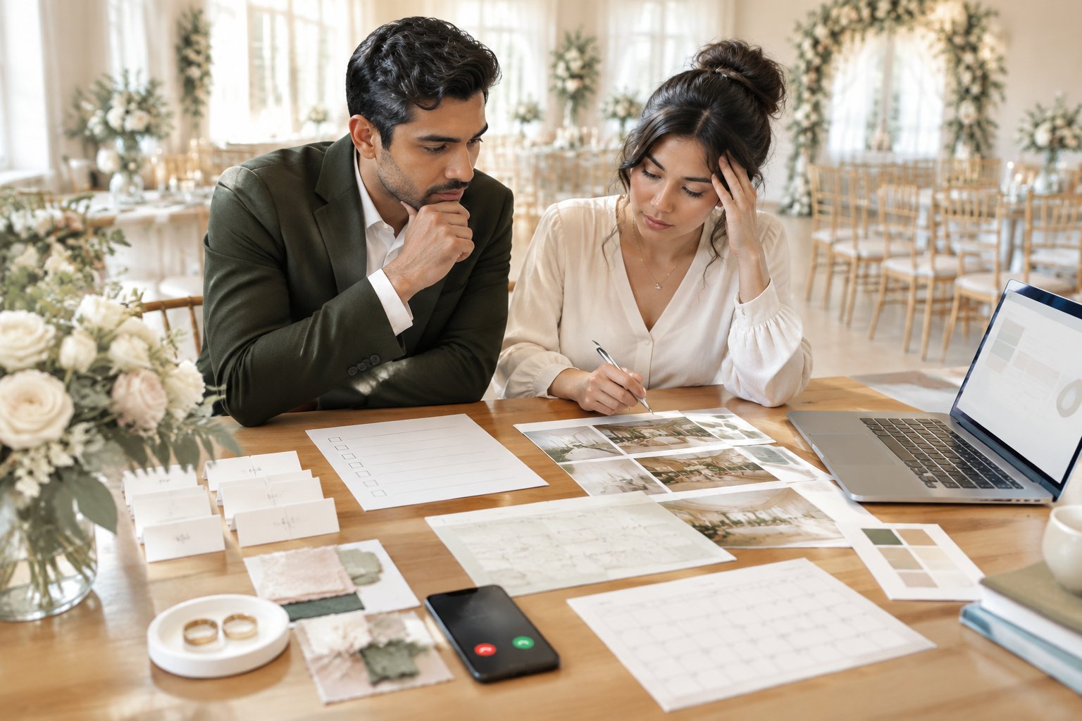 An engaged couple organizes wedding plans together at a table in an elegant venue.