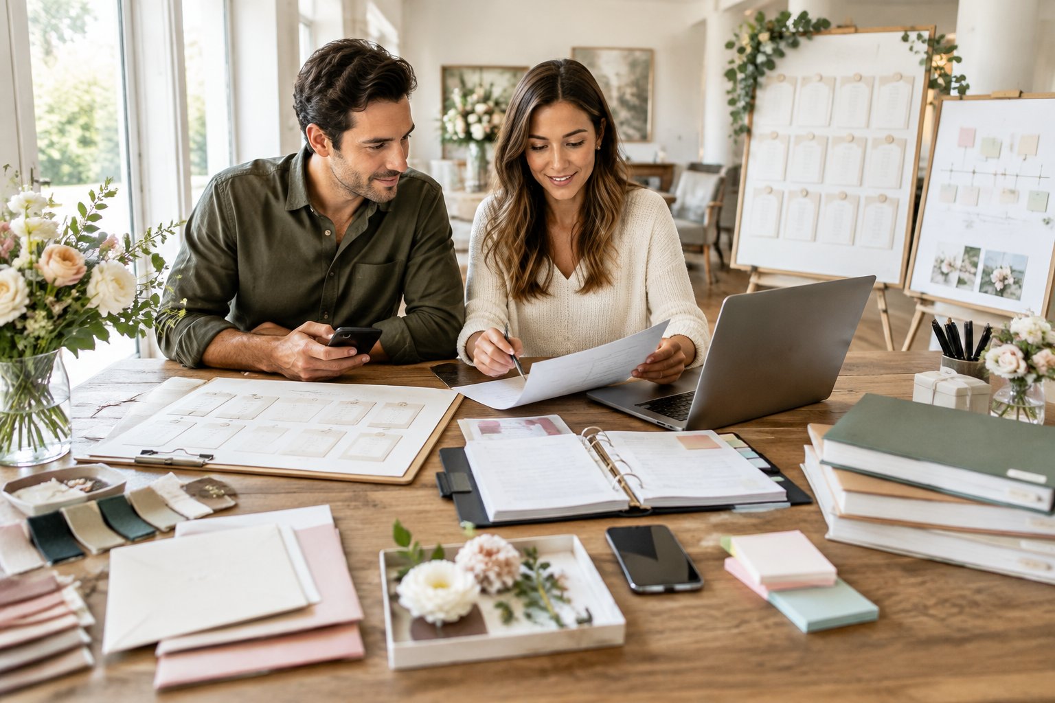 An engaged couple calmly organizes wedding plans and supplies together at a bright table.