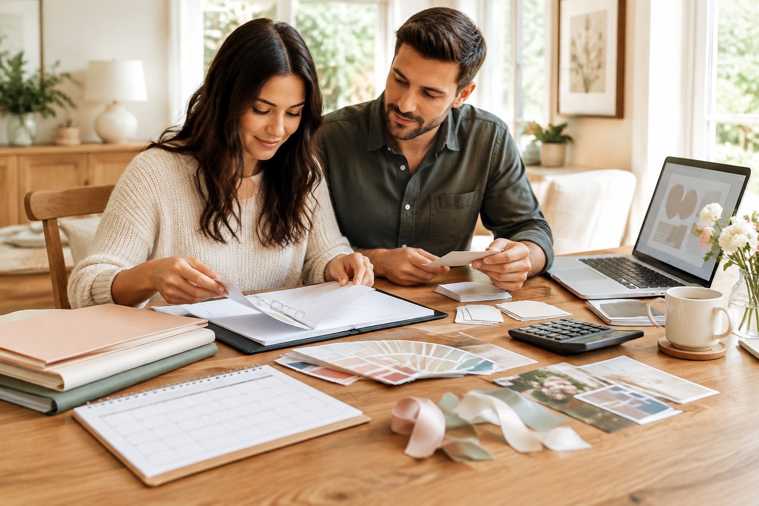 A couple organizes wedding planning materials together at a dining table.