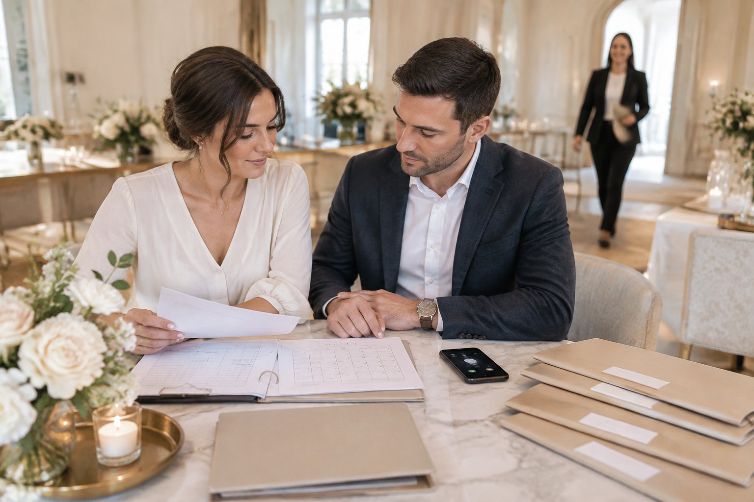 A couple reviews wedding plans and vendor arrangements at a table while a vendor waits nearby.