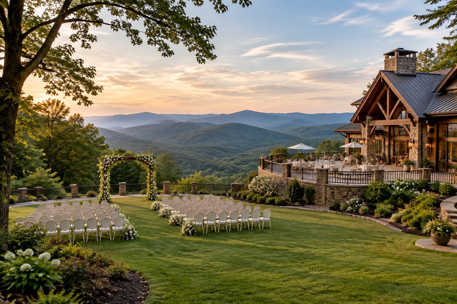 An elegant mountain wedding venue with flower-decorated ceremony seating, a stone-and-timber building, and Blue Ridge Mountain views.