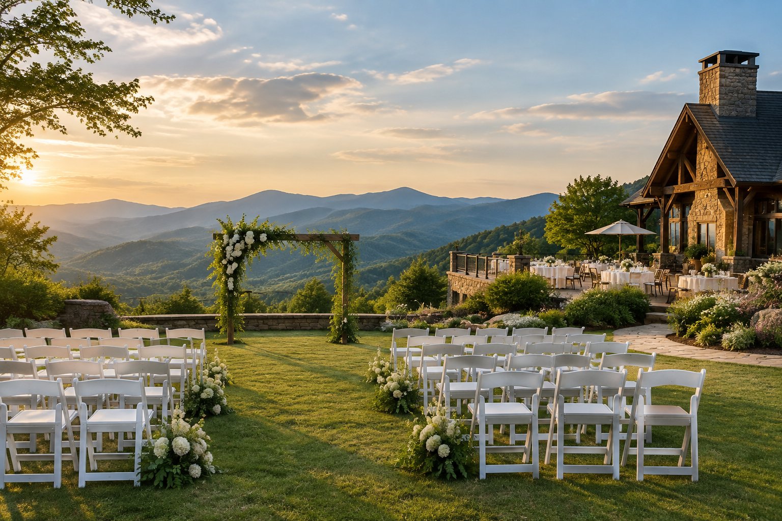 An elegant outdoor wedding ceremony overlooking the Blue Ridge Mountains near Black Mountain, North Carolina.