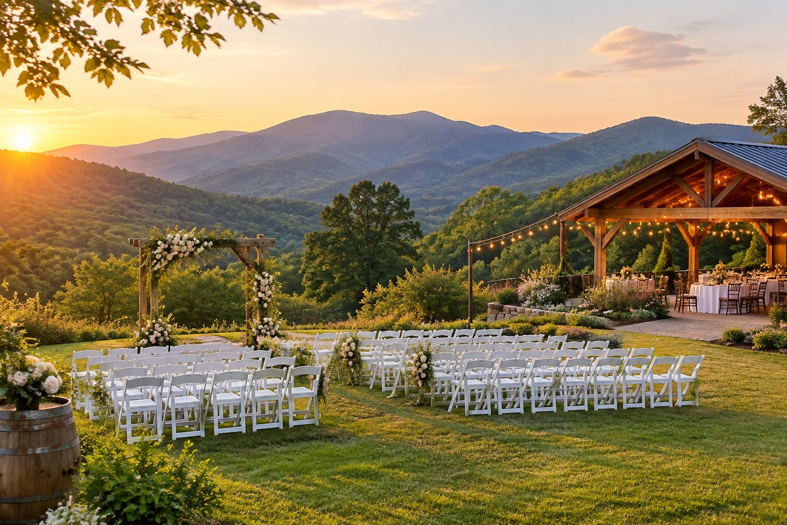 A decorated outdoor wedding venue with mountain views, floral arrangements, and rows of white chairs.