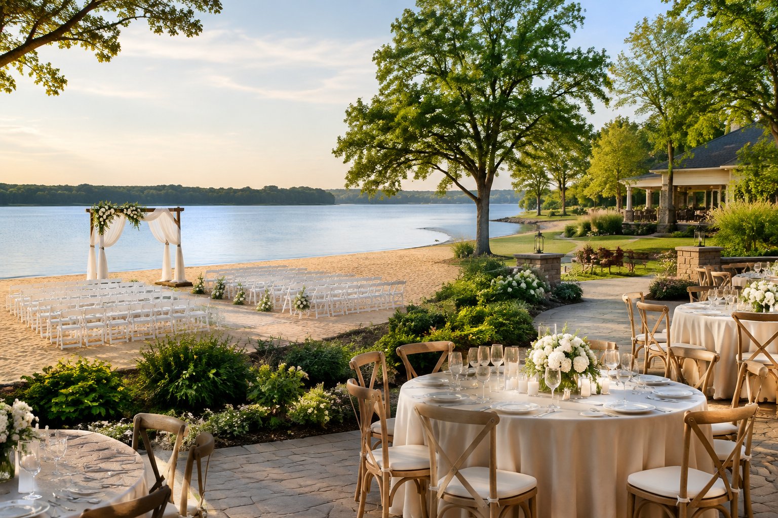 An elegant outdoor wedding ceremony setup beside a sandy waterfront with white chairs, floral decorations, and a decorated reception area.