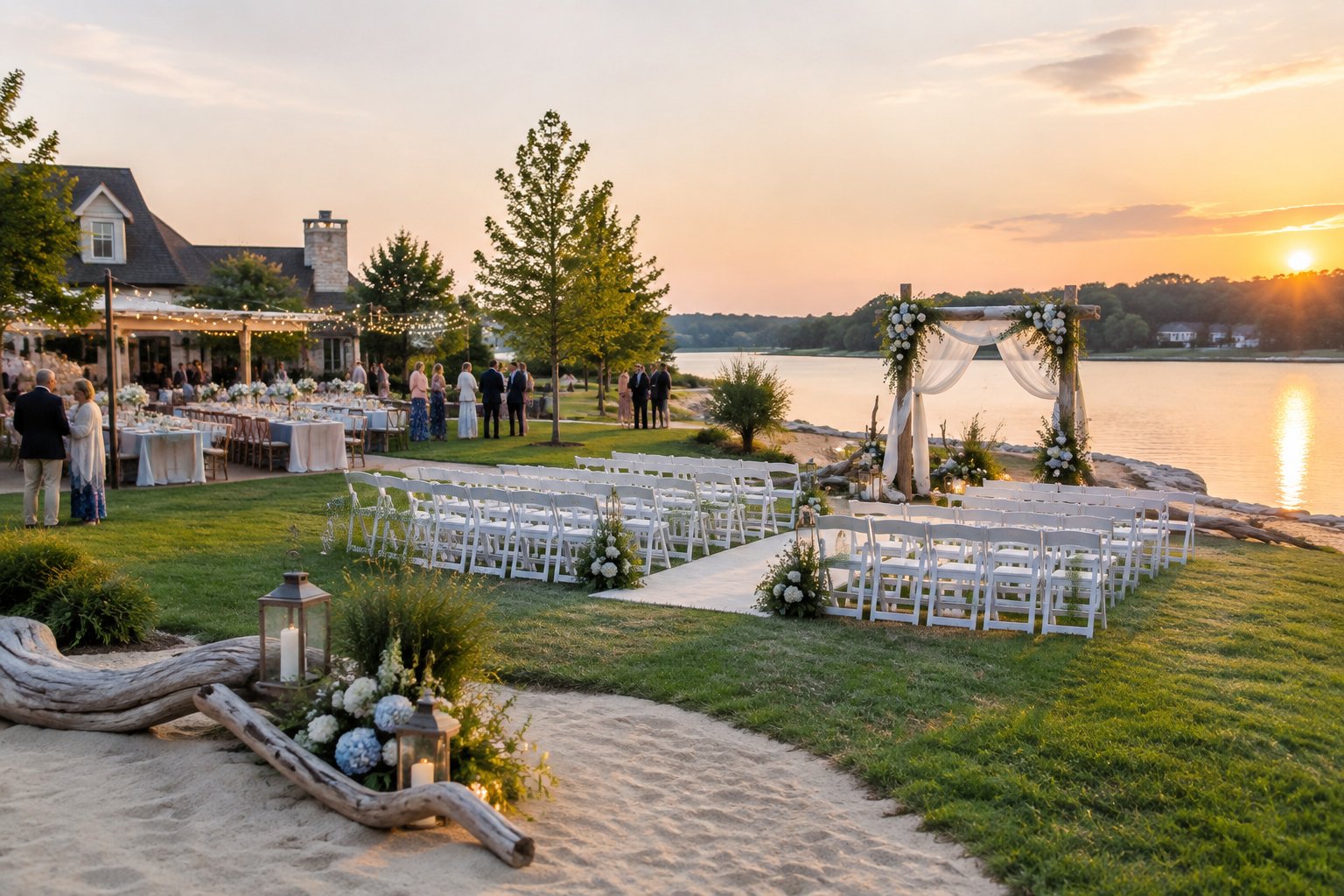 An elegant outdoor wedding ceremony with white chairs, coastal décor, and a reception area beside a calm pond.