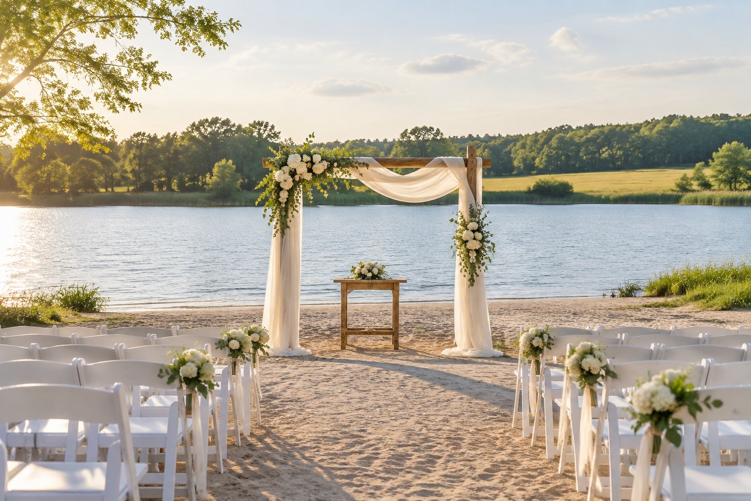 An elegant lakeside wedding ceremony setup with white chairs, floral decorations, and an arch beside a sandy shoreline.
