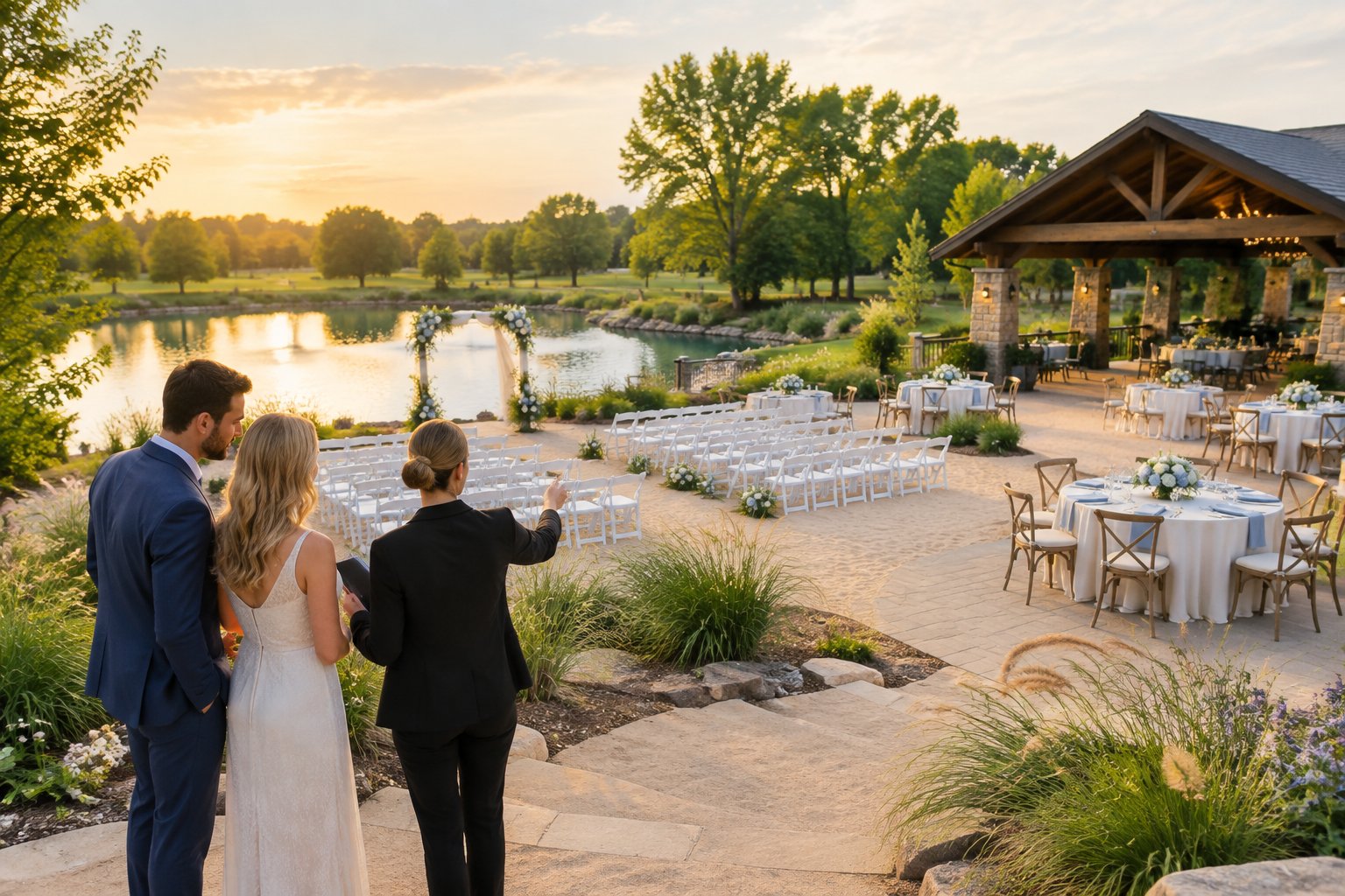 A couple and venue coordinator review an elegant lakeside wedding venue with ceremony chairs and reception tables.