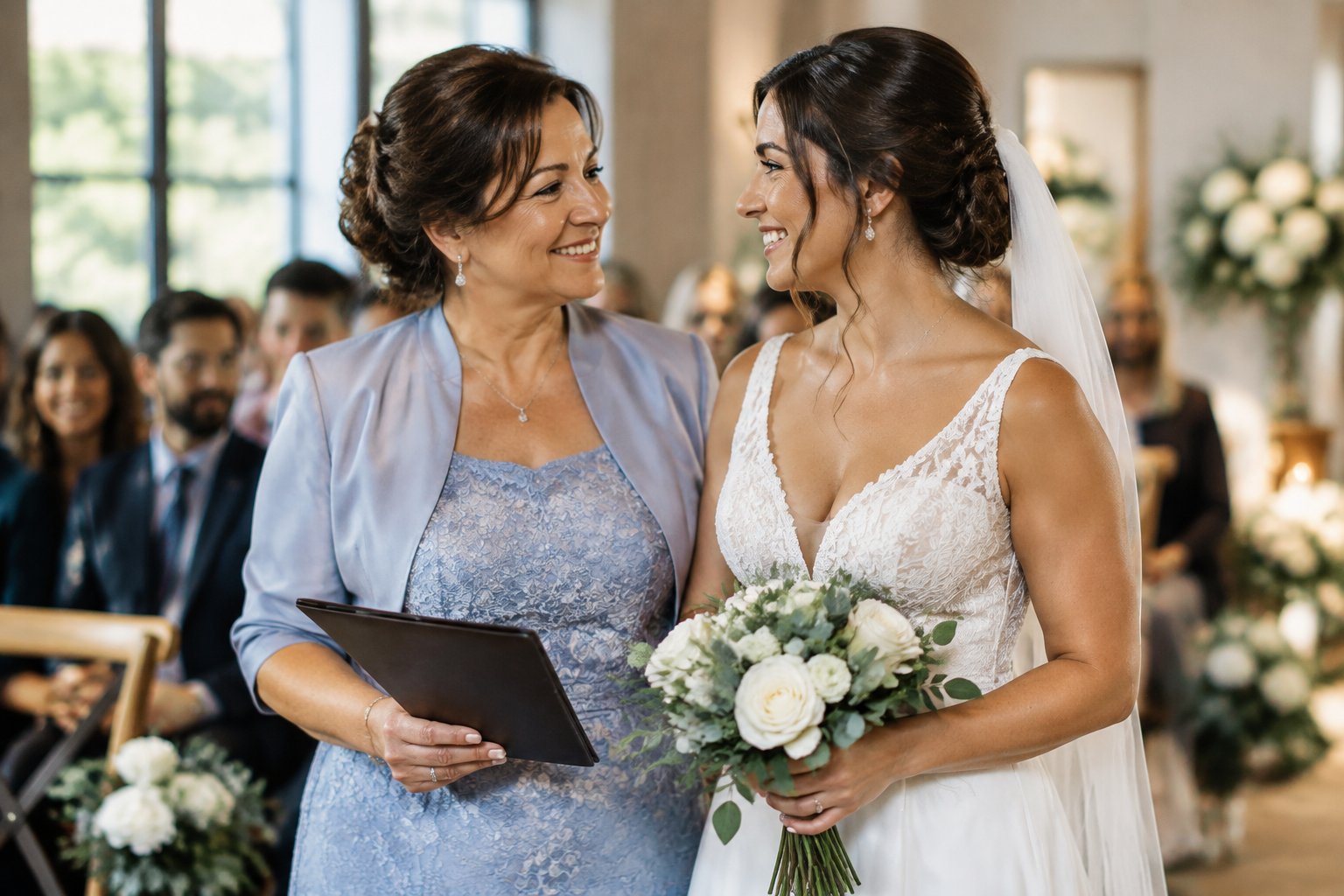A bride and her mother smile at each other during a wedding ceremony.