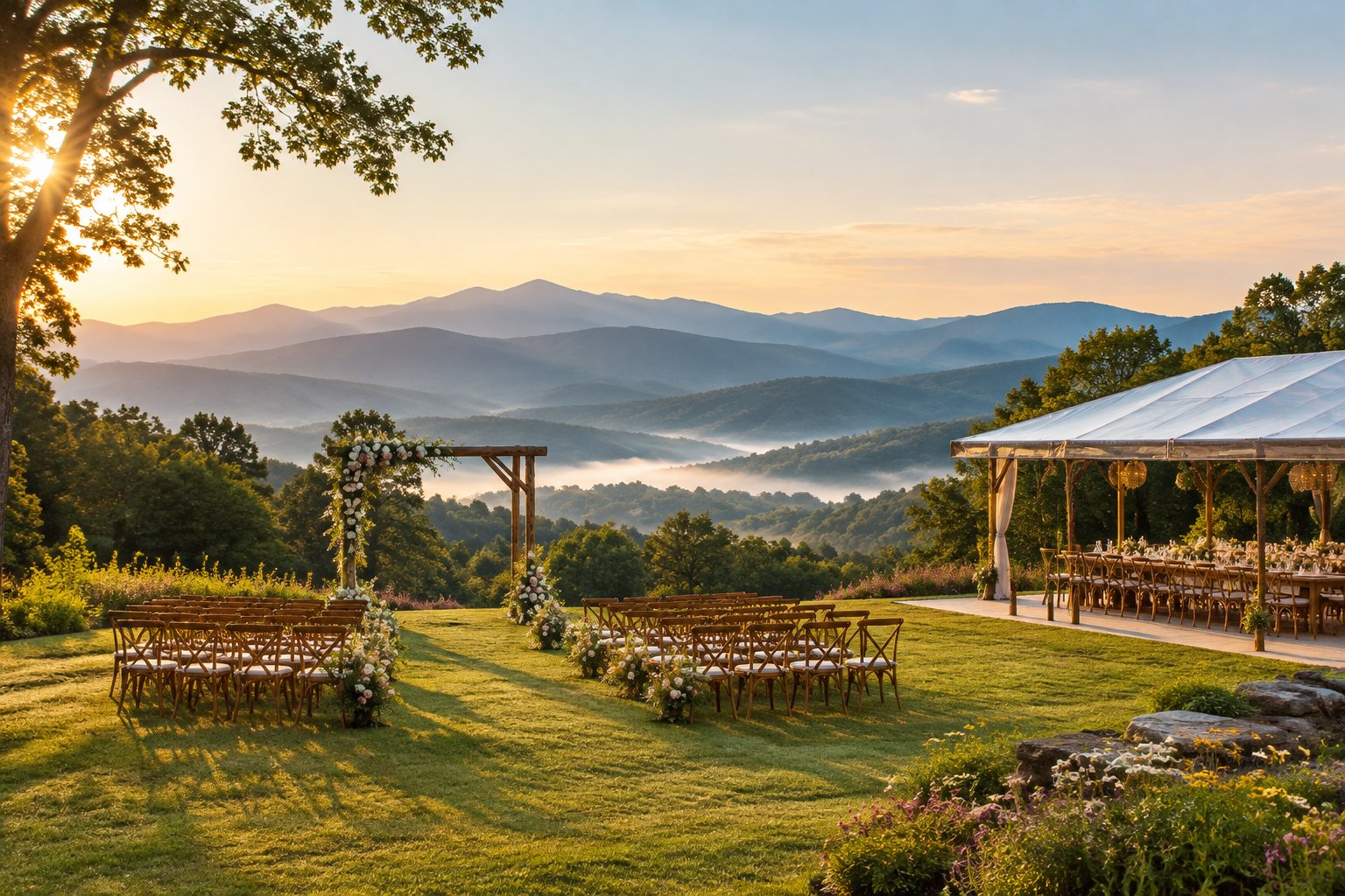 An elegant outdoor wedding venue overlooking layered Blue Ridge Mountains.