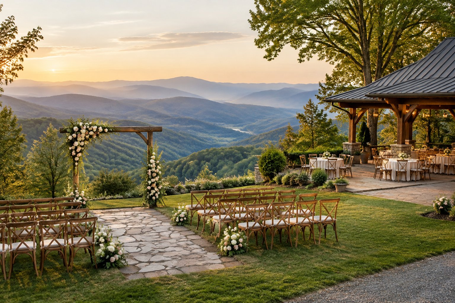 An elegant outdoor wedding ceremony setup overlooking the forested Blue Ridge Mountains.