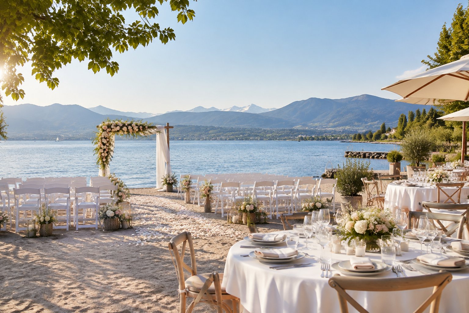 An elegant wedding ceremony and reception setup on a sandy lakeside beach near Zurich, with Alpine scenery in the background.