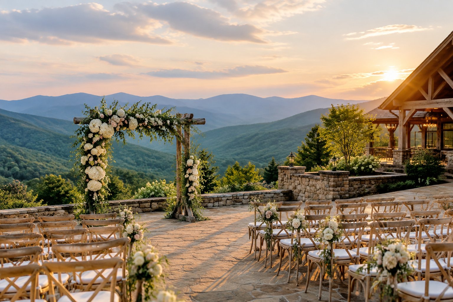Outdoor wedding ceremony setup overlooking layered Blue Ridge mountains.