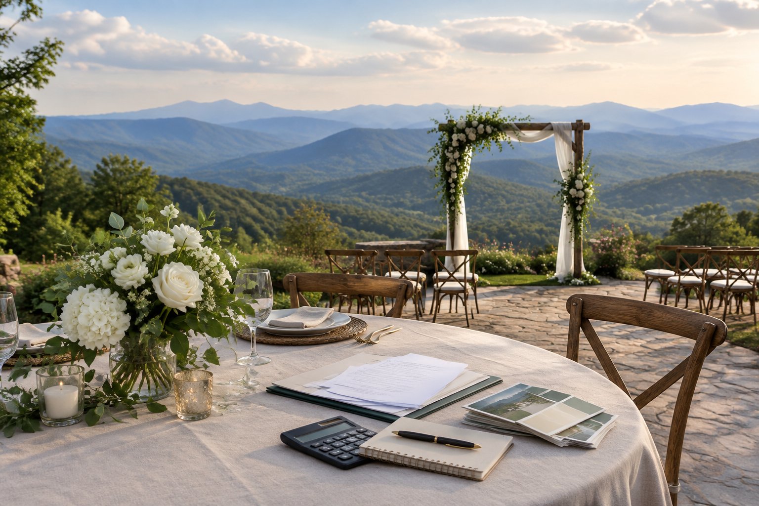 An elegant mountain wedding venue with a decorated reception table overlooking layered Blue Ridge mountains.