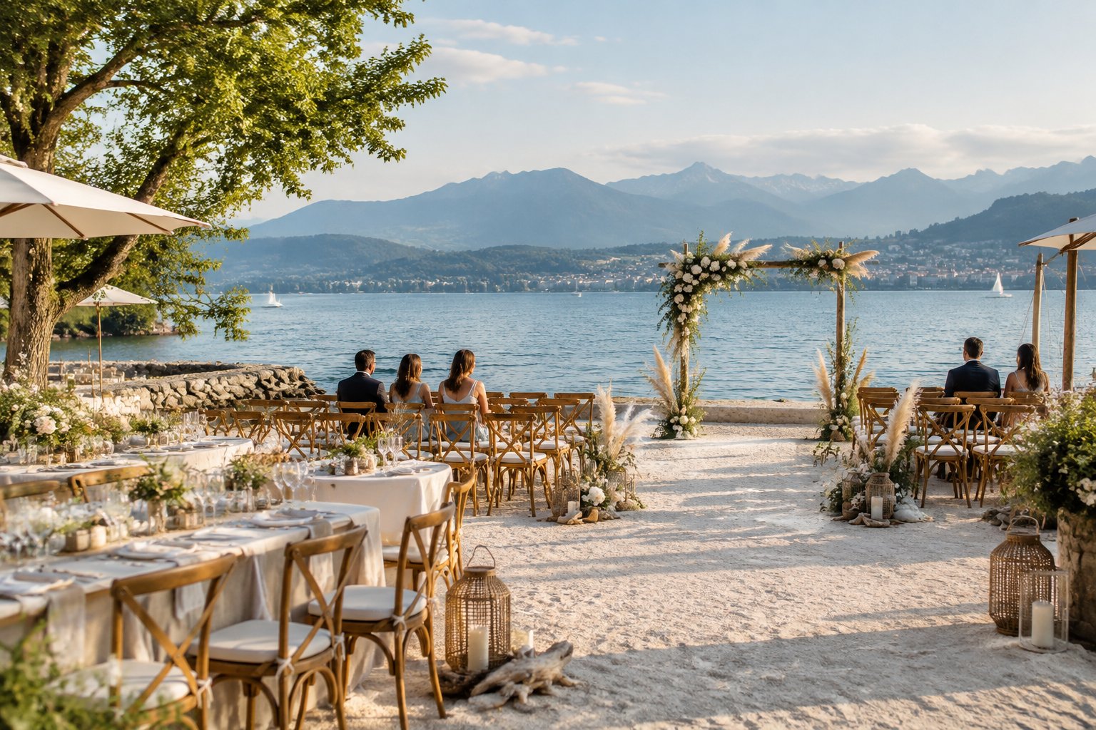 An outdoor wedding ceremony beside Lake Zurich with wooden seating, a floral arch, and a decorated reception table.