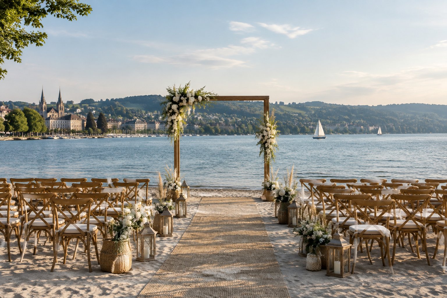 A decorated wedding ceremony setup on a sandy lakeshore with calm water and green hills in the background.