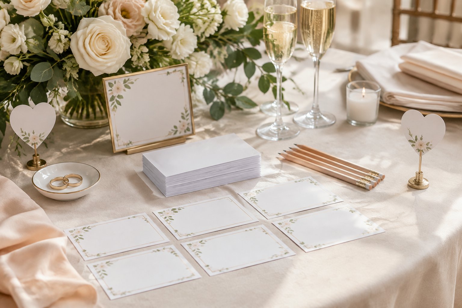 An elegant wedding reception table set up with blank quiz cards, pencils, flowers, rings, and champagne glasses.