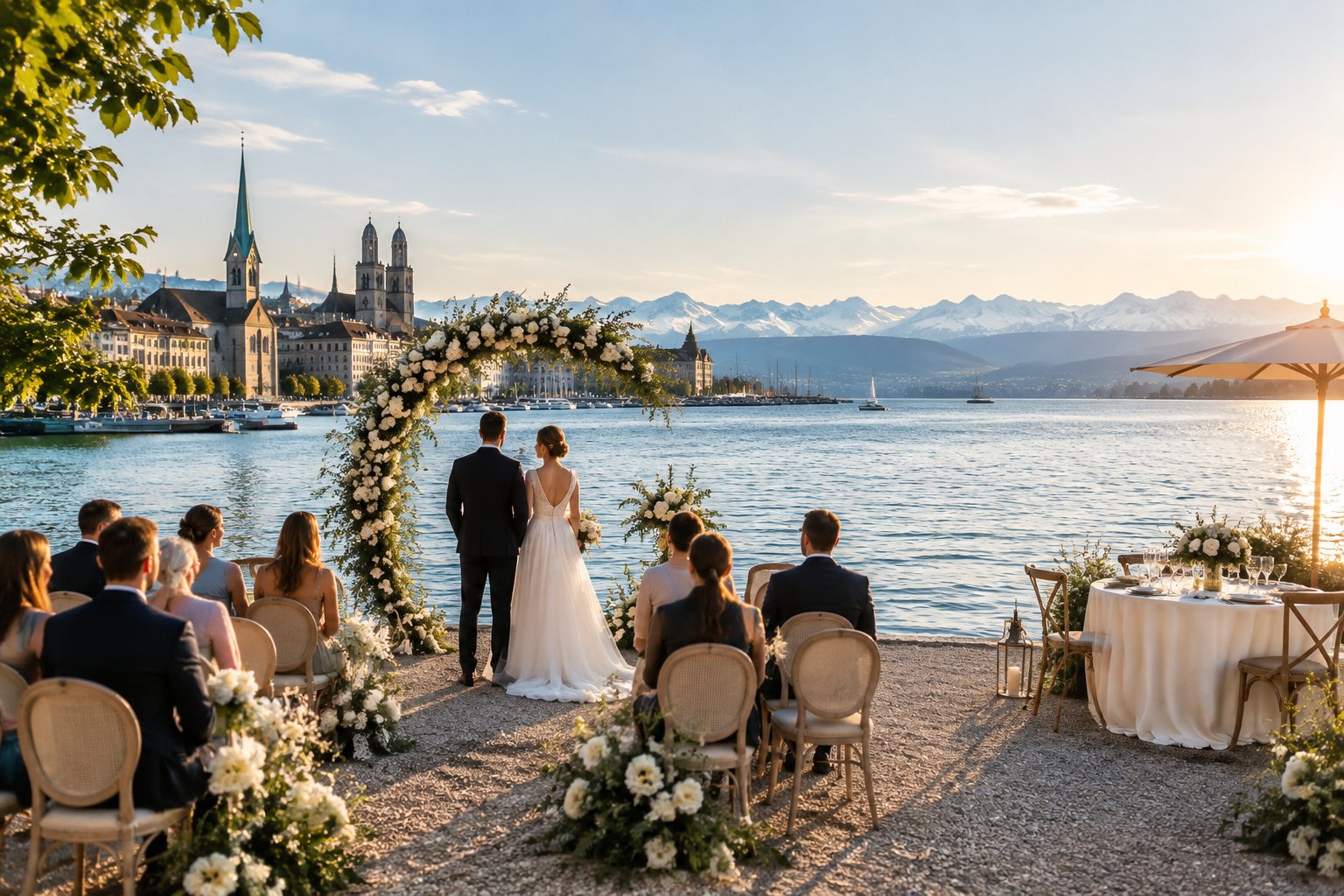 A lakeside wedding ceremony near Zurich with city buildings, old town architecture, and Alpine views in the background.