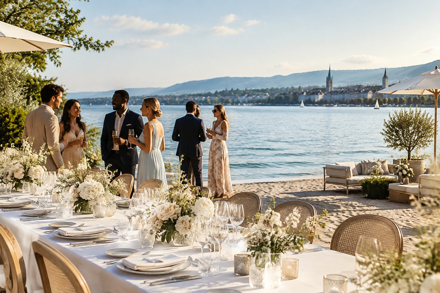 Elegant wedding reception on a sandy lakeside terrace with guests, a luxury hotel, and Lake Zurich in the background.
