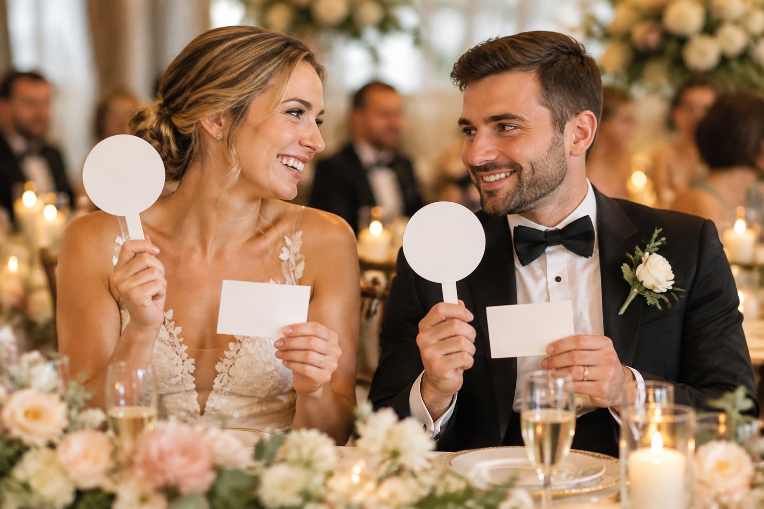 A smiling bride and groom playfully compare answers at an elegant wedding reception.