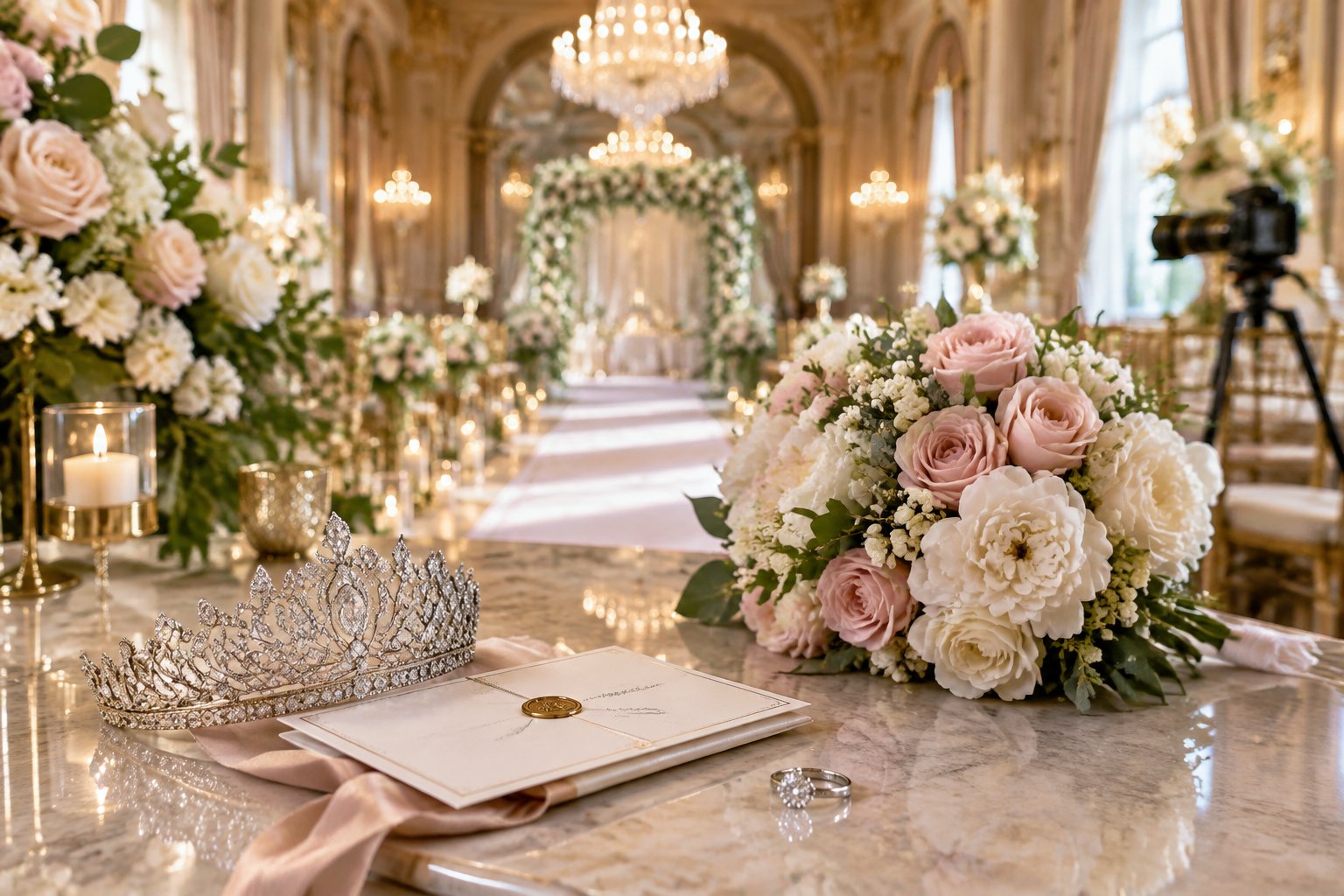 An elegant wedding reception setting with flowers, a tiara, a ring, and a camera.