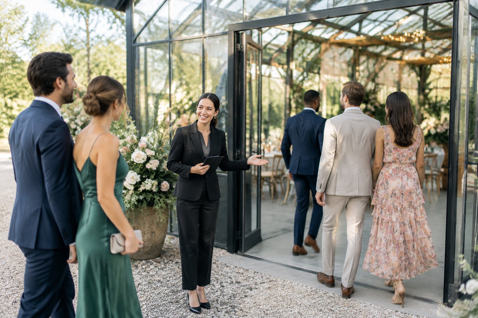 Wedding guests arrive at an elegant greenhouse venue and are welcomed by a coordinator.