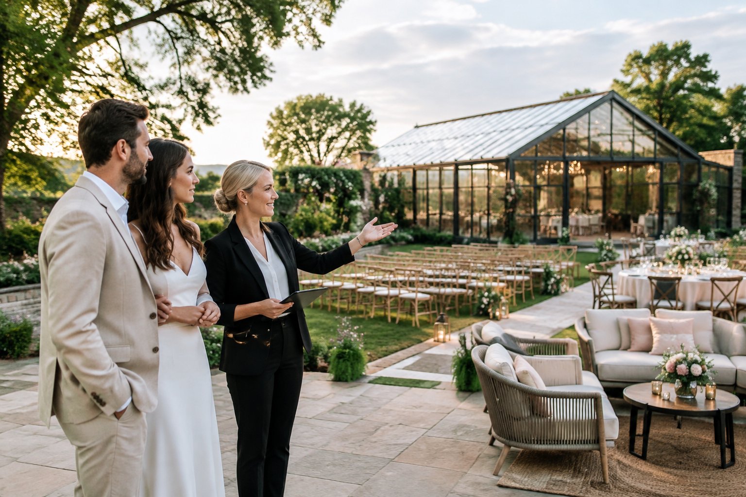 A couple tours a distinctive wedding venue with a coordinator while viewing the arranged event space.