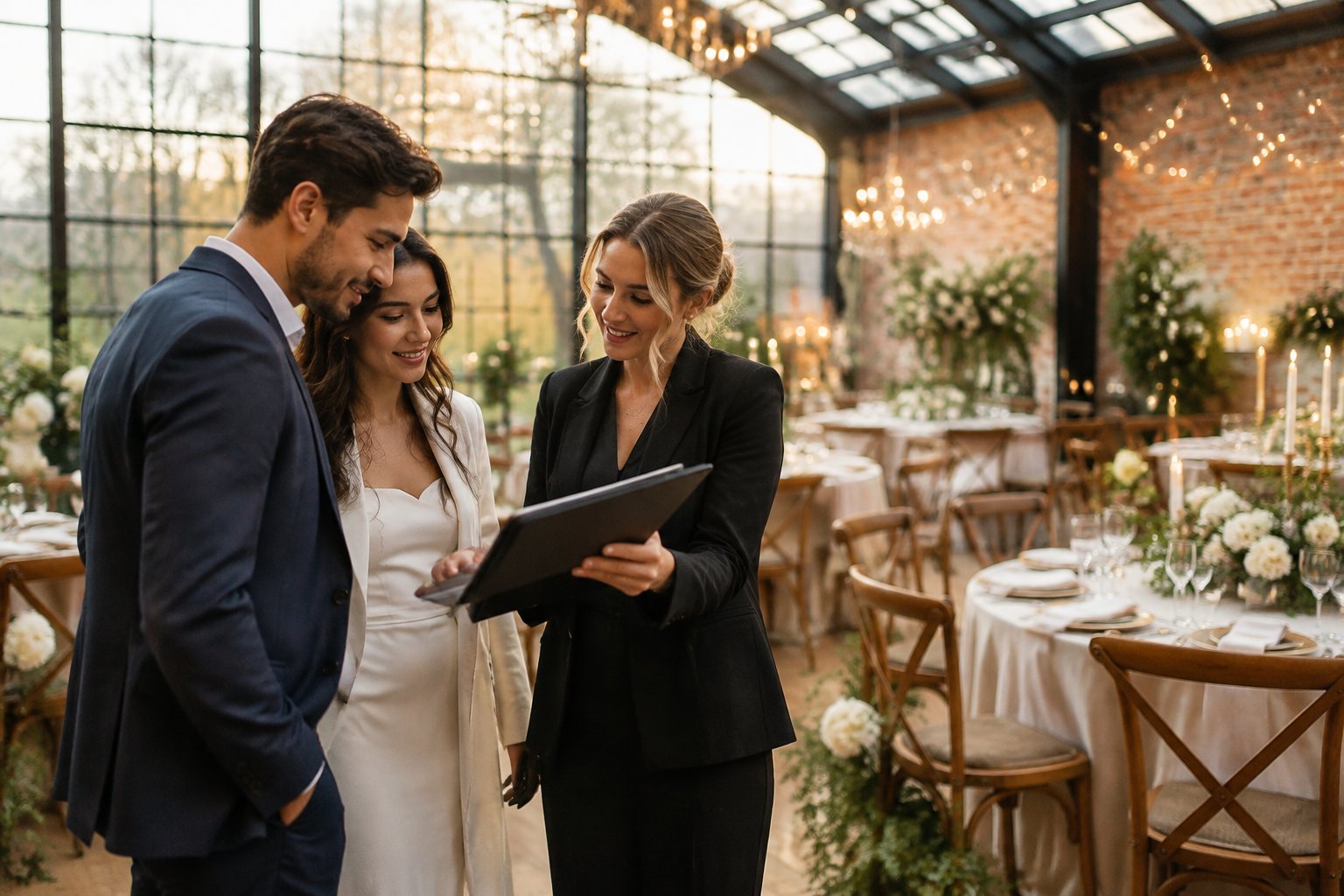 A couple discusses wedding venue options with a coordinator inside an elegant distinctive venue prepared for a celebration.