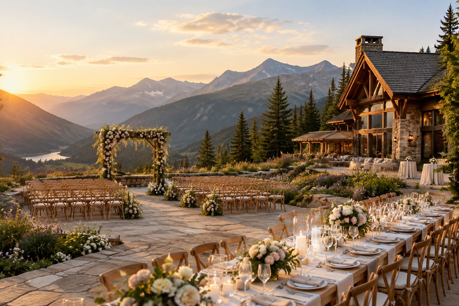 An elegant outdoor wedding venue overlooking a lush valley and majestic mountains.